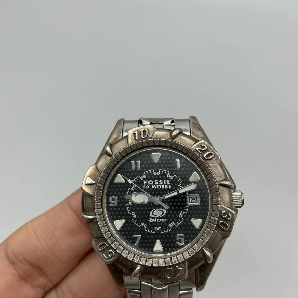 Fossil Blue AM-3091 Mens Watch 39mm Black Dial Silver Tone Date New Battery 6.5